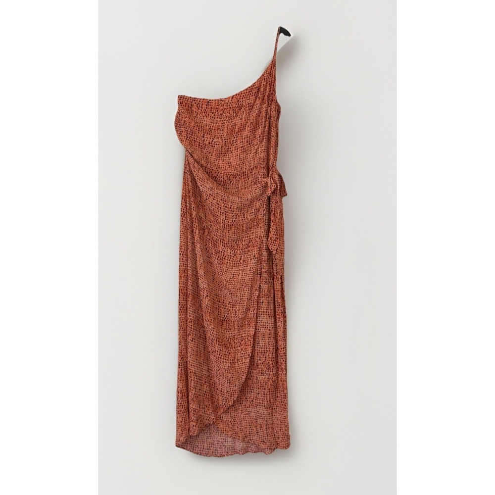 L*SPACE Chloe Dress Wild Bunch One Shoulder Orange Printed Wrap Midi Sz 8
